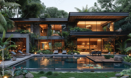 A modern house in the tropical rainforest, designed in the style of S purse with glass and black wood materials, with a swimming pool, garden plants. Created with AI