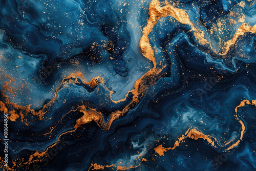 A closeup of swirling patterns in navy blue and gold. Created with Ai