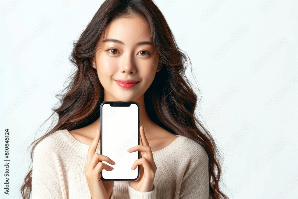 Woman Showcasing Smartphone Mockup created with Generative AI Woman Showcasing Smartphone Mockup created with Generative AI