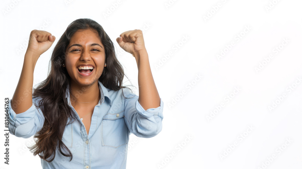 Indian Business Woman in blue shirt has good news, smile and raised hands Indian Business Woman in blue shirt has good news, smile and raised hands