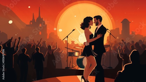 beautiful artistic illustration of a couple dancing lindy hop, swing dance, orange colors at sunset photo
