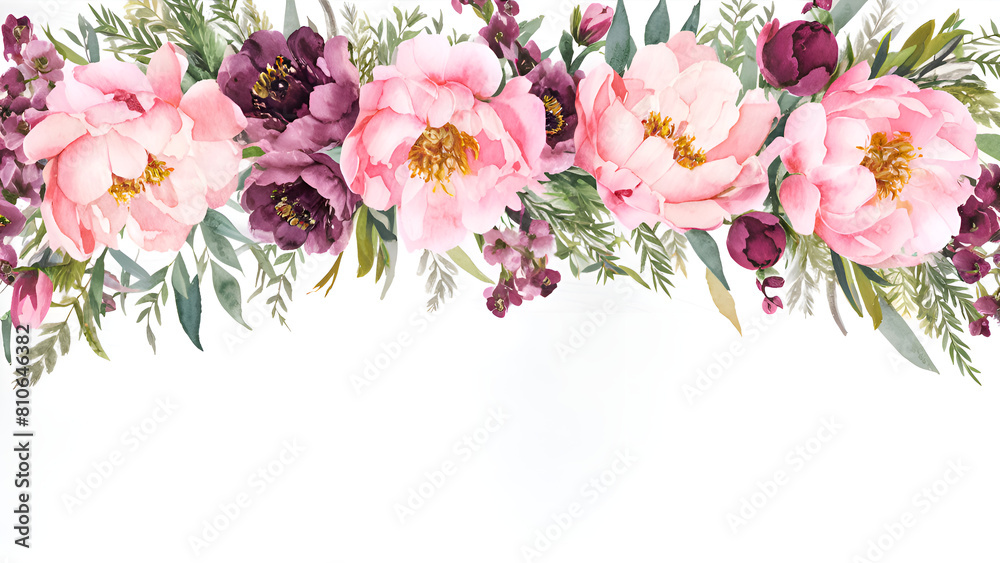 Pink floral border with delicate peonies and delicate foliage, watercolor design for elegant invitations