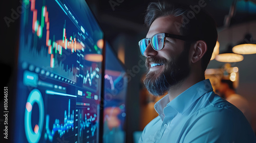 Businessman analyzing stock market trends and data on a digital tech screen in the office. Happy investor looking at stock data trends and graphs. Copy space for text - Generated by Generative AI