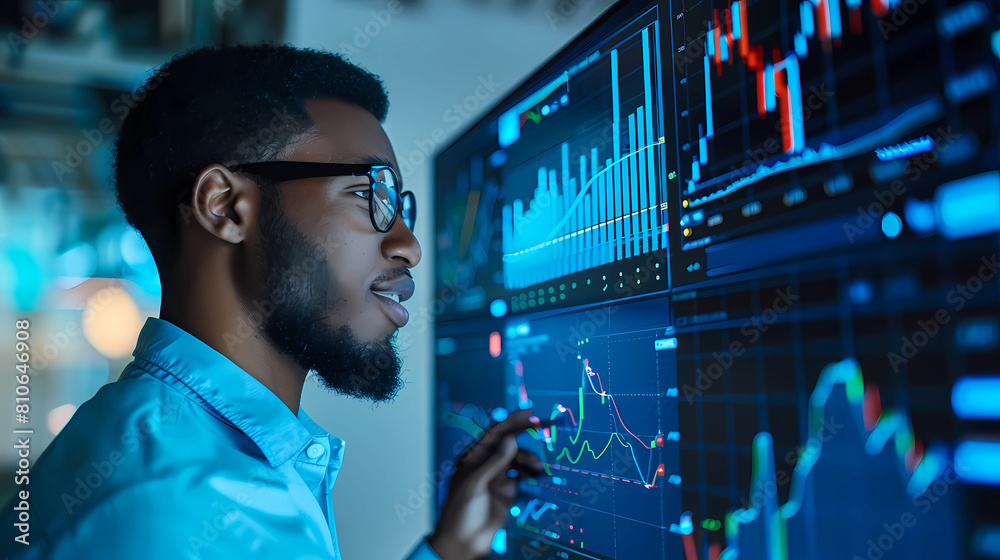 Businessman analyzing stock market trends and data on a digital tech screen in the office. Happy investor looking at stock data trends and graphs. Copy space for text - Generated by Generative AI Businessman analyzing stock market trends and data on a digital tech screen in the office. Happy investor looking at stock data trends and graphs. Copy space for text - Generated by Generative AI