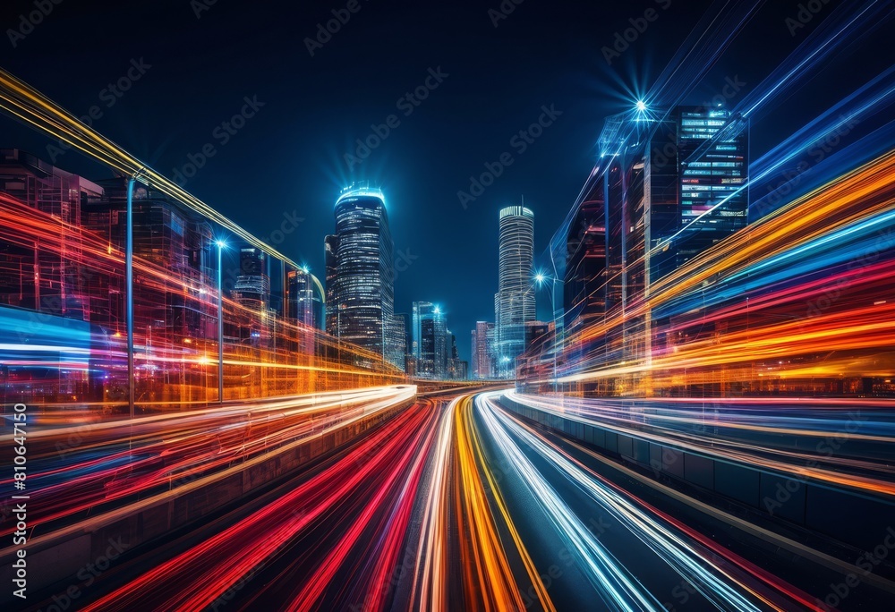 vibrant light trails from long exposure night traffic, city, cars, motion, illuminated, urban, streets, speed, streaks, highway, driving, movement, vehicle