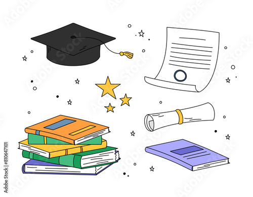 Graduation doodle elements vector set. Illustrations of isolated square academic cap, mortarboard, diploma, books pile and stars. Colorful outline symbols of high school, college, academy graduation