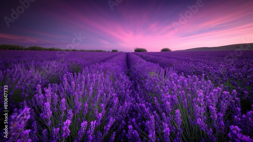 A vibrant lavender field under a twilight sky, the purple hues blending seamlessly from the flowers to the sky. 32k, full ultra hd, high resolution