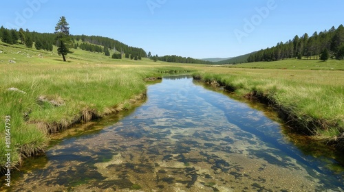 A crystal-clear stream meandering through a pristine meadow, reflecting the blue sky above.