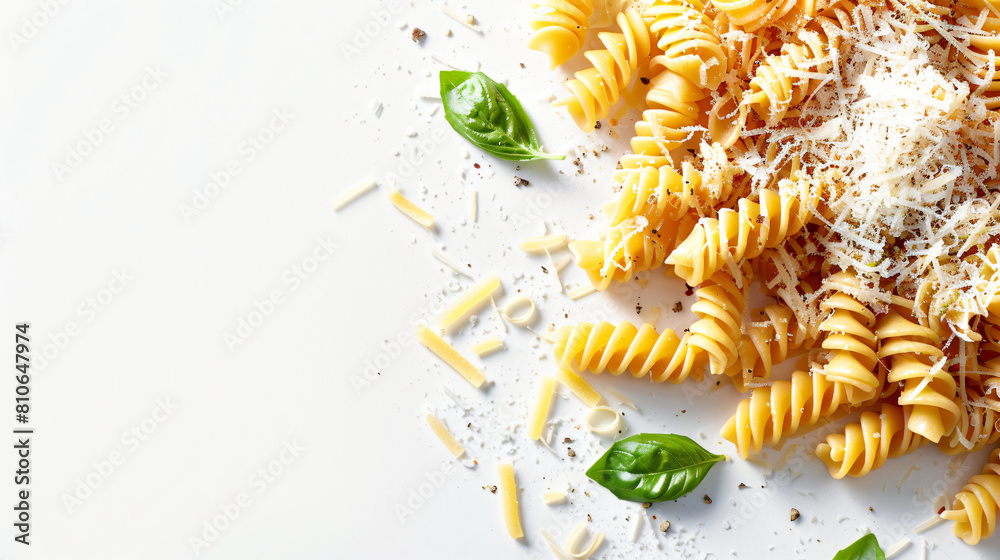 Tasty pasta with Parmesan cheese on white background -