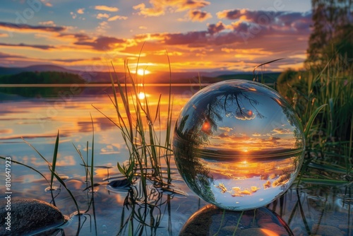 A crystal-clear lake reflecting the vibrant colors of a stunning sunset within the lens ball.