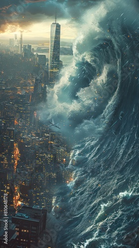 A huge tsunami hits the city. The concept of natural dangers