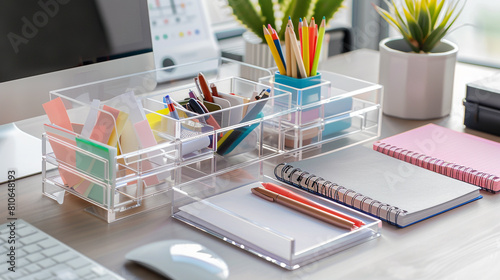 transparent acrylic desktop organizer with multiple compartments, perfect for storing pens, notepads, sticky notes, and other stationery items, keeping the workspace tidy and organized.