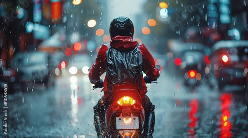 A man in a raincoat rides a motorcycle on the street in heavy rain. © bird_saranyoo