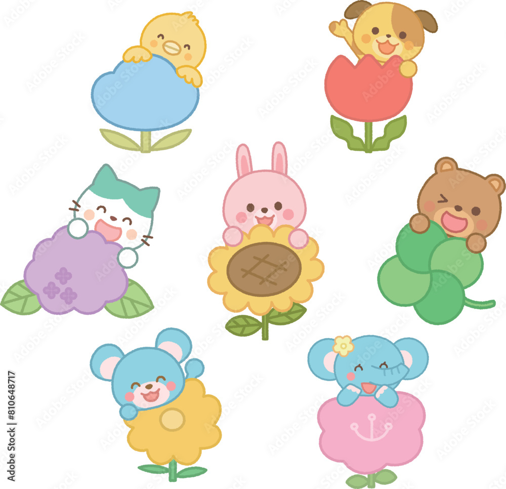 Obraz premium 花と可愛い動物のキャラクター