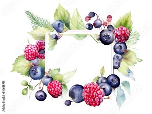 Colorful frame of colorful summer berries  blueberries and red raspberries scattered throughout the frame with various shapes of green leaves. on a white background