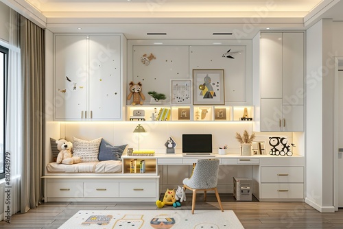 A child's bedroom with a desk, chair, and bookshelves