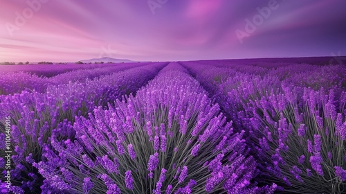 A vibrant lavender field under a twilight sky  the purple hues blending seamlessly from the flowers to the sky. 32k  full ultra hd  high resolution