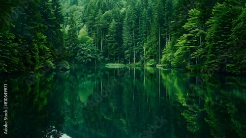  A serene forest lake surrounded by towering evergreens  with reflections of the verdant canopy dancing on its glassy surface. .  