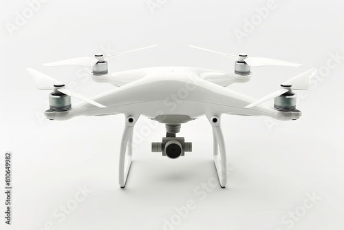 White quadcopter drone with camera isolated on a light background. Created with Generative AI photo
