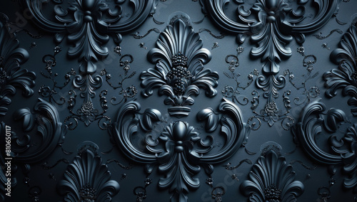 Dark blue damask wallpaper with fleur de lis pattern. Created with Ai photo