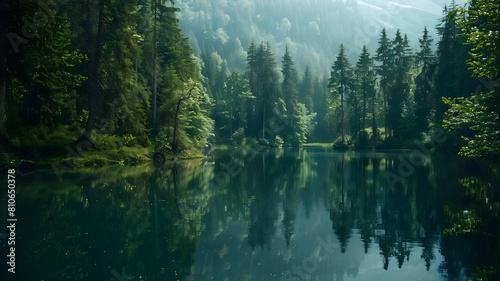  A serene forest lake surrounded by towering evergreens  with reflections of the verdant canopy dancing on its glassy surface. .  