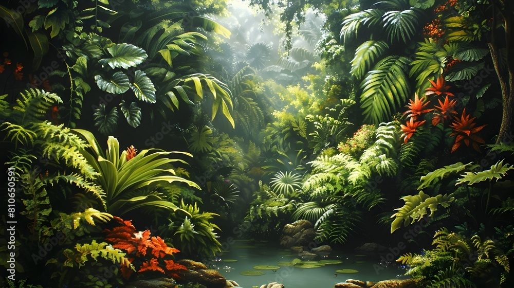 Lush and Vibrant Tropical Rainforest Scene with Diverse Flora Captured in Oil Painting Style