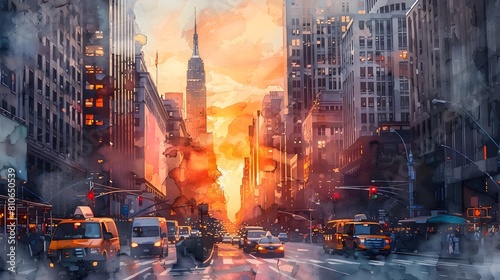 Bustling City Street under Dramatic Sunset in Watercolor Style