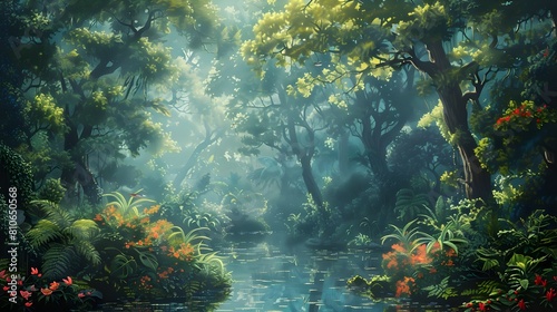 Serene and Lush Forest Landscape with Vibrant Exotic Flora and Flowing River