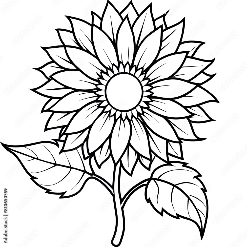 Fototapeta premium Sunflower flower outline illustration coloring book page design, Sunflower flower black and white line art drawing coloring book pages for children and adults