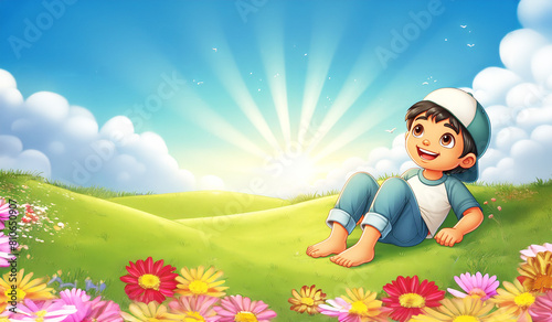 lächelnder lachender Junge Kind liegt entspannt begeistert barfuß auf sommerlich grüner Wiese mit Schmetterlingen, Vorlage Hintergrund zur Gestaltung von Karten Werbung freie Fläche isoliert photo