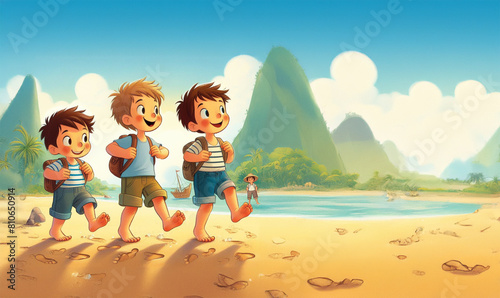 Kinder Jungen gehen fröhlich lachend barfuß an einem Strand im Sand und erkunden ein fernes Land, Berge Himmel Landschaft im Hintergrund fröhlich sommerliche Reise auf ganz eigene Weise mit Rucksack  photo