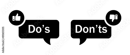 Do's and don'ts icon with thumbs up and thumbs down symbol in black color. Do's and don'ts button icon with like and dislike symbol in black color. Yes and no vector.