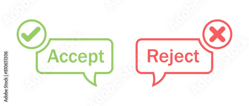 Accept and reject button icon with tick and cross symbol in call out style stroke. Right and wrong buttons symbols. Check box icon with right and wrong sign. Vector