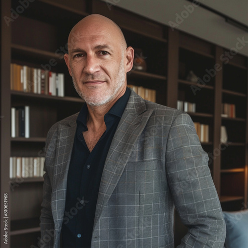 Front view. 40 years old. Bald, Confident, with a gentle, sincere smile that reflects friendliness and approachability. Classic, neat attire, in cozy office with soft chairs and bookshelves