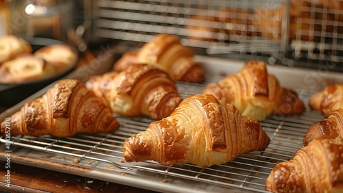 Croissants on a tray in the window light with baking rack and baked goods. Concept Baking, Croissants, Window Light, Baked Goods, Home Cooking photo