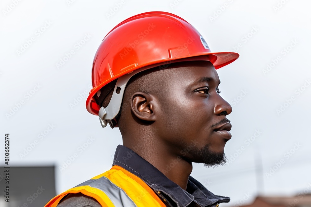Young male construction worker in safety helmet observing city buildings under construction Young male construction worker in safety helmet observing city buildings under construction