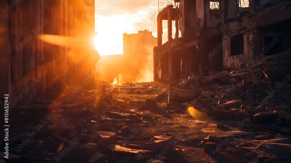 A sunset casts a golden light over a destroyed urban landscape, emphasizing the stark contrast between natural beauty and urban decay