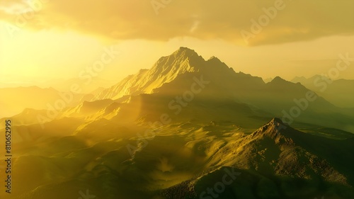  A serene mountain peak bathed in golden sunrise light  casting long shadows over a tranquil valley below. .  