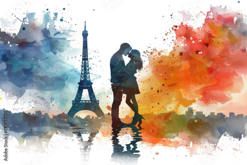 Colorful watercolor paint of couple in love kissing by the eiffel tower © Ema