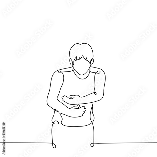 man stands with both hands holding his stomach - one line art vector. concept of attack of pain, discomfort in the abdomen or spasm	