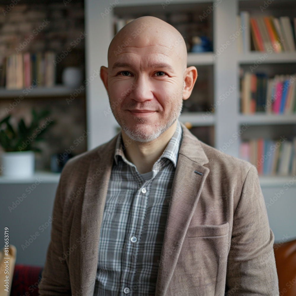 Front view. 40 years old. Bald, Confident, with a gentle, sincere smile that reflects friendliness and approachability. Classic, neat attire, in cozy office with soft chairs and bookshelves Front view. 40 years old. Bald, Confident, with a gentle, sincere smile that reflects friendliness and approachability. Classic, neat attire, in cozy office with soft chairs and bookshelves