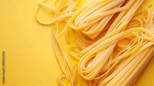 Tasty uncooked pasta on color background