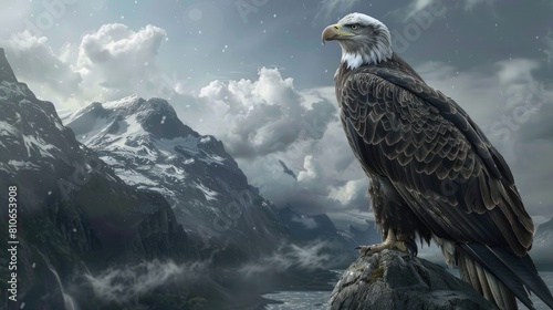 A close-up of a majestic, bald eagle perched on a cliff overlooking the sea.