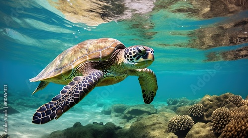Green turtle swimming under the sea in clear sea water © Fajar