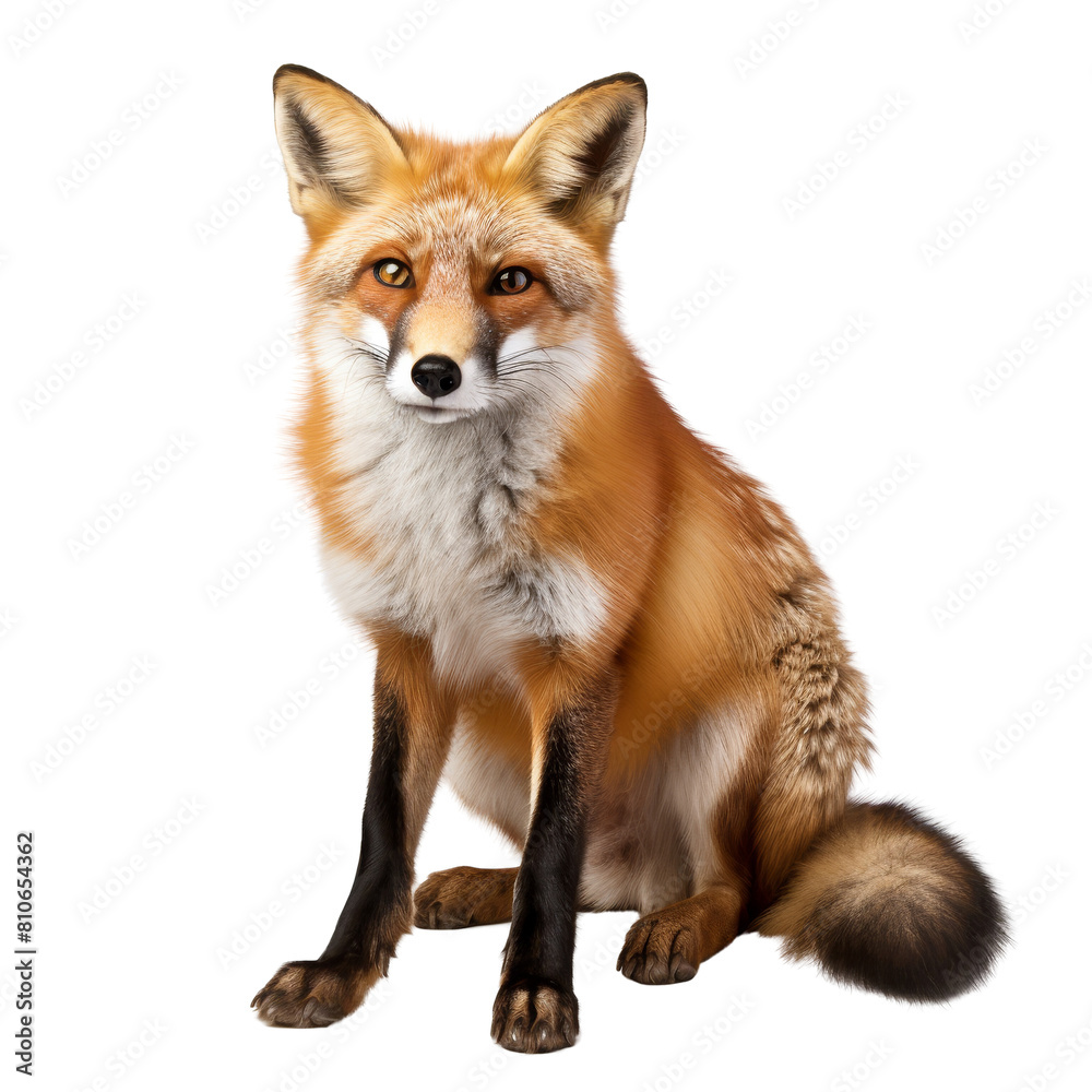 A beautiful red fox sits in the forest, looking out at the world with its bright, curious eyes. Its fur is soft and looks warm, and its tail is long and bushy.