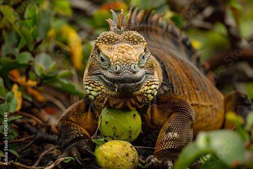 Close-up of a land iguana in natural habitat  engaging with camera. Vivid wildlife portrait. Nature stock image. Generative AI