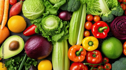 Healthy food background with various fresh fruits and vegetables