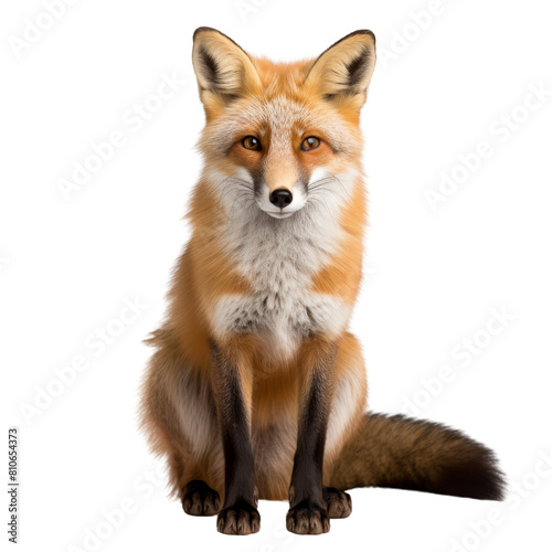 A beautiful red fox sits in the forest, looking out at the world with its bright, curious eyes