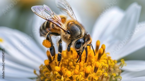 A close-up of a bee pollinating a delicate flower, highlighting the essential role of pollinators in our ecosystem.