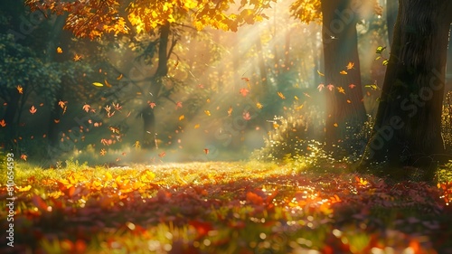  A sun-dappled forest glade with a carpet of colorful autumn leaves  scattered beneath the canopy of golden-hued trees. .  